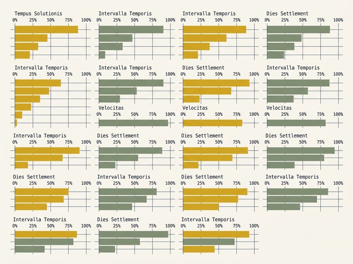 A minimalist editorial data-journalism graphic showing an abstract representation of transaction settlement — horizontal mustard and sage bars of different lengths against an off-white background with fine navy grid lines, in the visual style of Our World in Data or the Financial Times