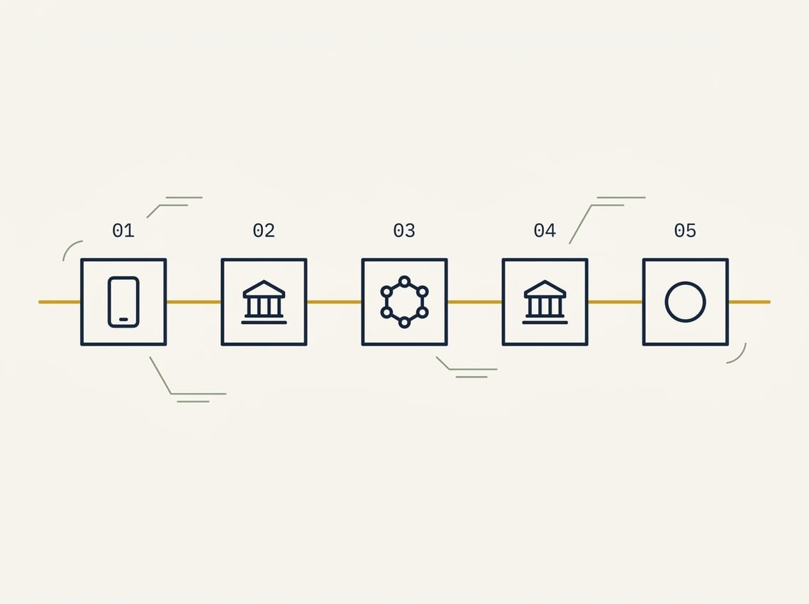 A minimalist editorial illustration showing a horizontal timeline of a bank transfer process — sender's device on the left, sender's bank, the NPP payment rail as a mustard connector, the receiving bank, and the operator's balance system on the right, rendered in the Financial Times or Our World in Data data-journalism style on an off-white background