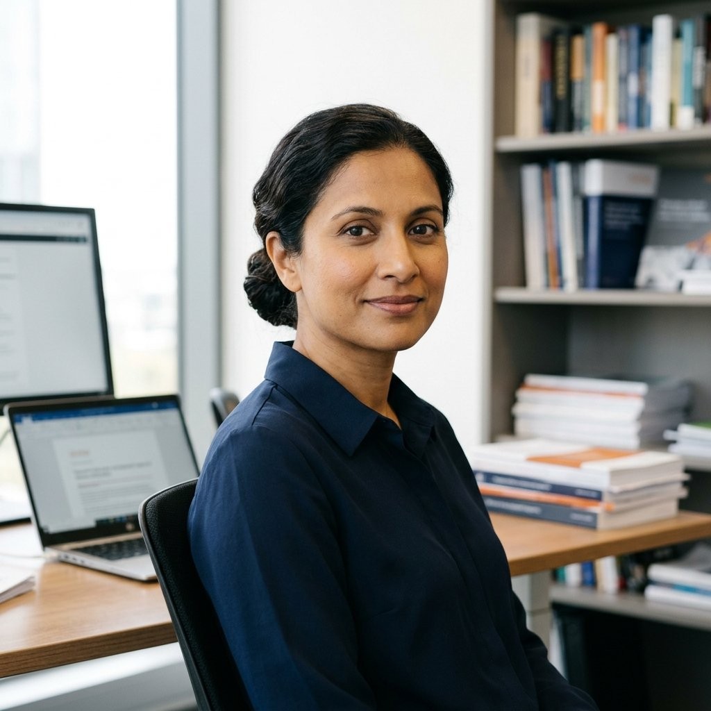 Portrait of Priya Nazarian, a woman in her early forties with dark hair pulled back, wearing a neutral-toned collared shirt, seated at a desk in a well-lit office with a laptop and stacks of research documents visible in the background