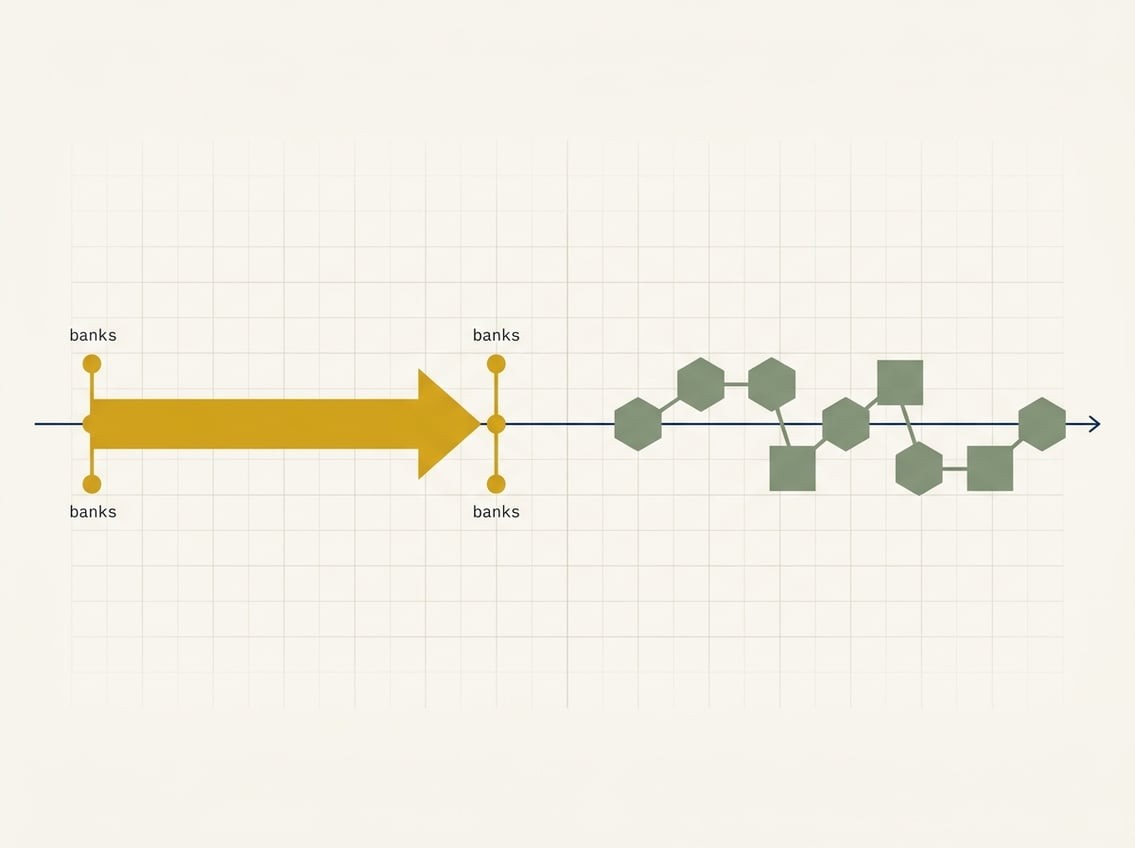 A minimalist data-journalism illustration contrasting two payment rails — the left side showing a stylised bank-transfer flow in mustard, the right side showing a stylised on-chain block sequence in sage, connected by a fine navy timeline axis across an off-white background