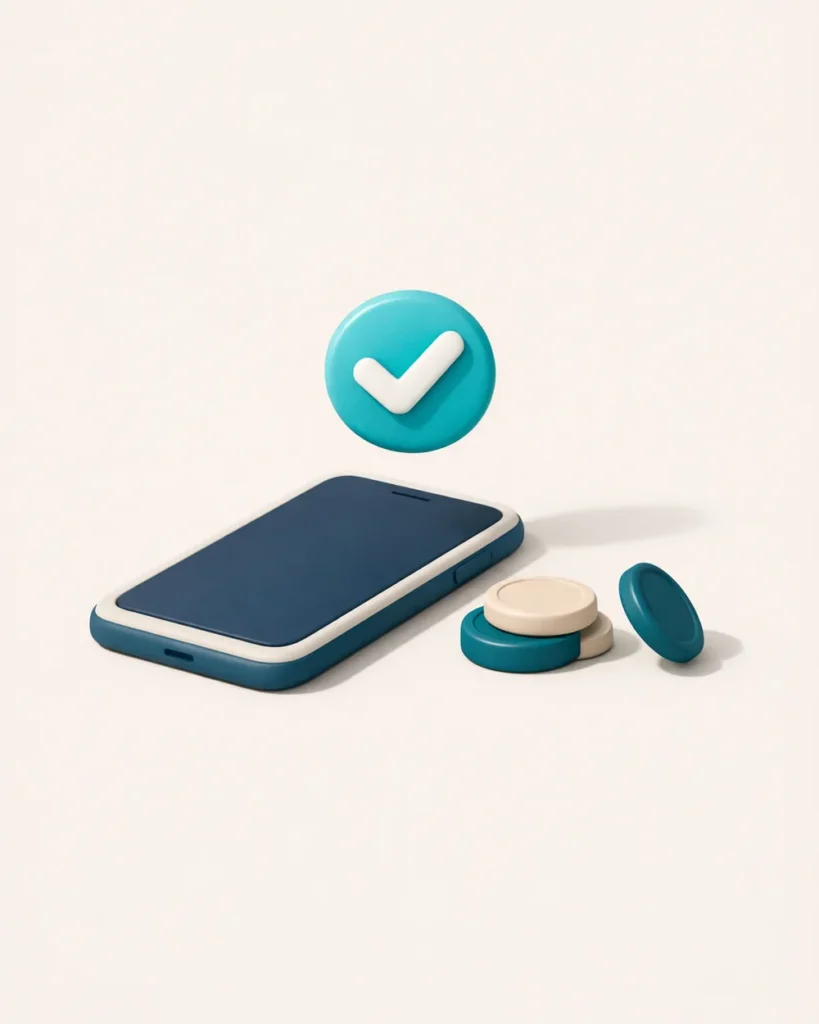 Matte 3D smartphone with a cashout confirmation checkmark hovering above and coins settling beside, illustrating instant PayID withdrawal casinos in Australia
