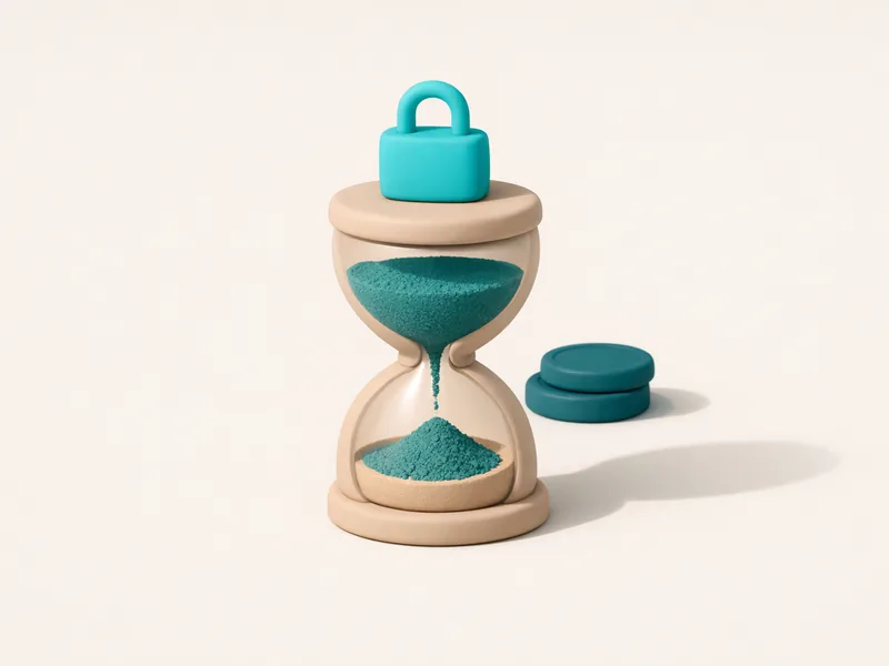Matte 3D hourglass in mid-flow with a small padlock on top and coins waiting behind, illustrating the 24-hour first-transaction hold at offshore PayID casinos