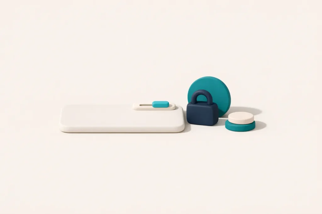 Matte 3D render of a phone with a small limit-slider element beside a padlock and a petrol teal dial on a bone ground, illustrating PayID casino deposit and withdrawal limit controls for Australian players.
