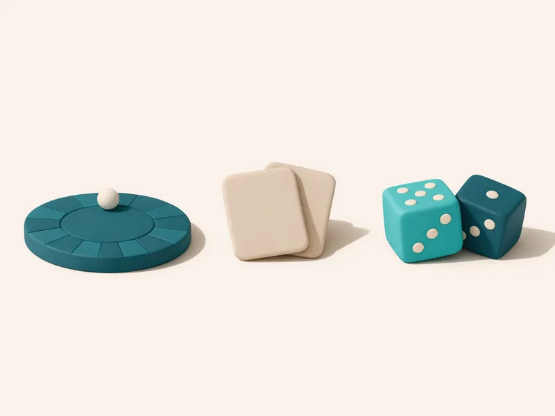 Three matte 3D objects side by side, a roulette disc, a fan of playing cards and two tumbled dice, illustrating live dealer game types at offshore PayID casinos