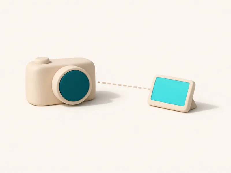 Matte 3D abstract camera shape with a screen tablet beside it connected by a dashed line, illustrating live dealer studio streaming