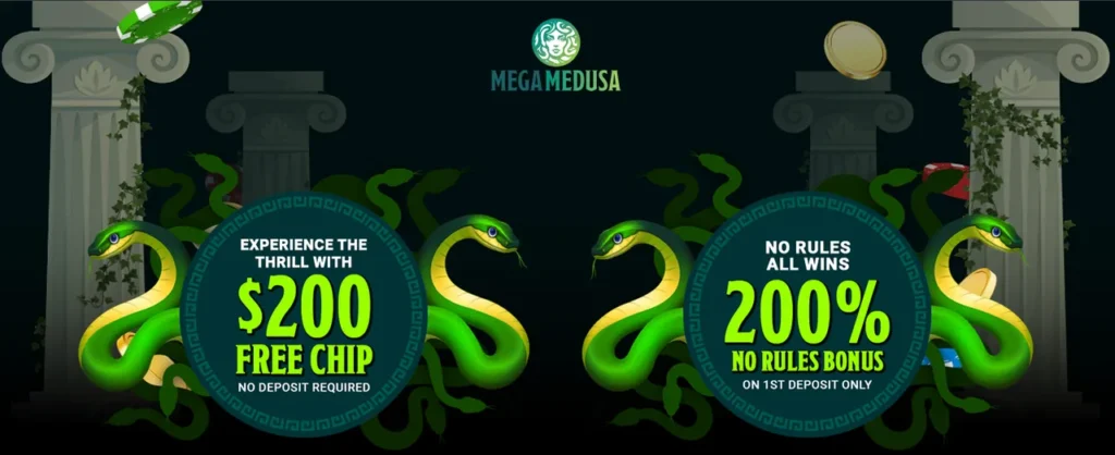 Mega Medusa casino brand imagery and hero graphic for the Australian PayID casino review, featuring the Mega Medusa logo and colour palette.