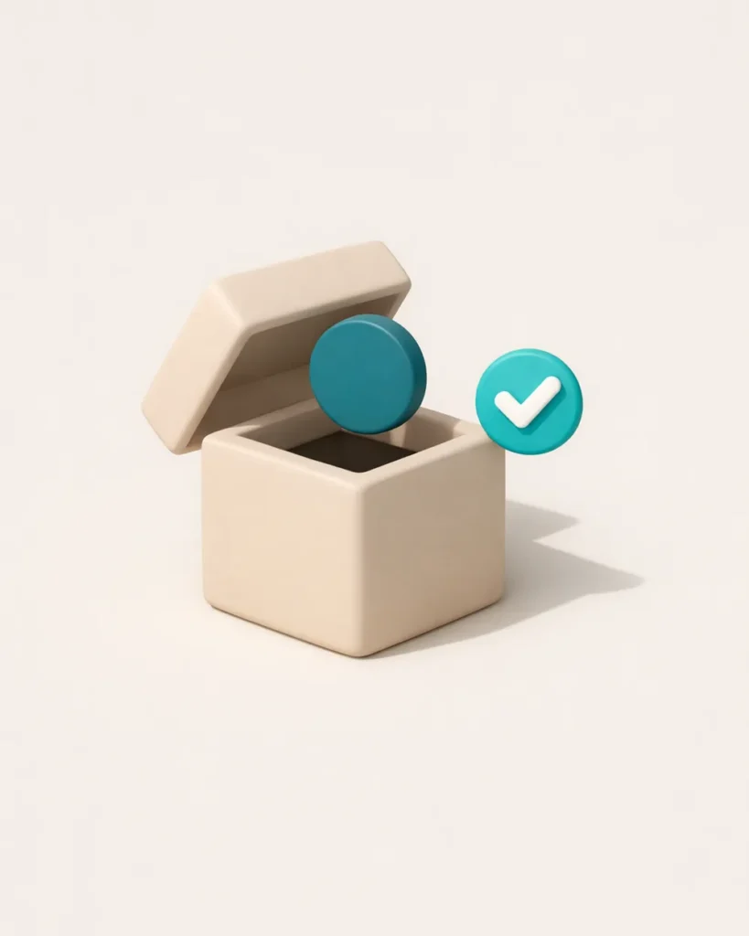 Matte 3D gift box with a coin emerging from the open lid and a bright aqua checkmark badge floating beside it, illustrating no deposit bonus PayID pokies in Australia