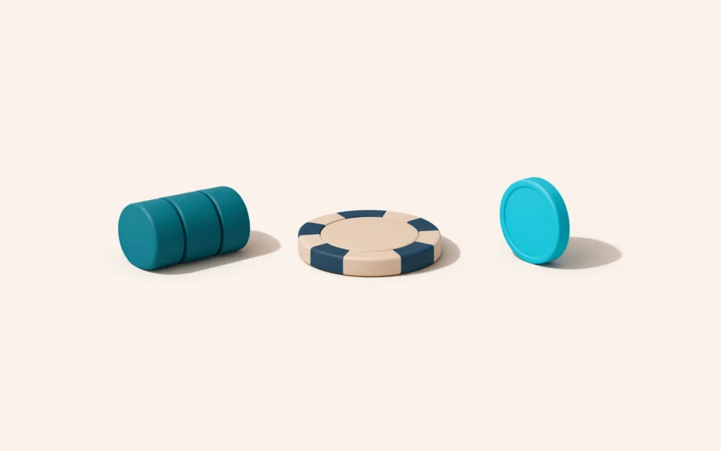 Three matte 3D shapes side by side, a slot reel, a flat chip and a standing coin, showing the three types of no deposit offer at offshore PayID pokies