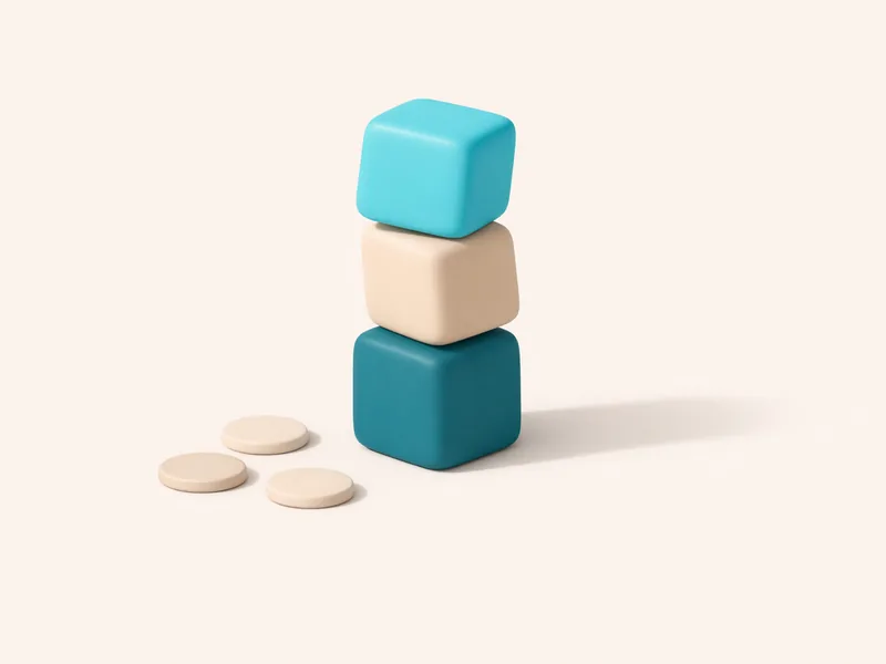 Stacked matte 3D dice with scattered chips beside them, illustrating wagering requirement multipliers on no deposit bonus winnings