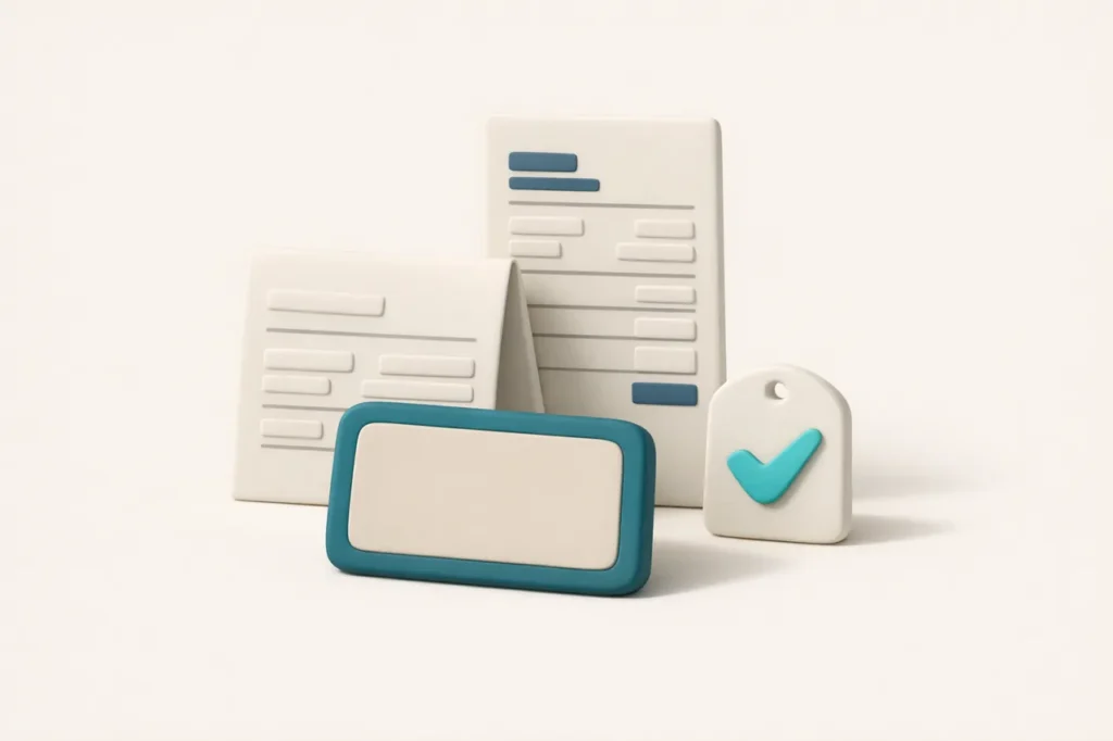 Matte 3D render of a stack of identity documents including an ID card, utility bill and payslip beside a checkmark tag on a bone ground, illustrating the standard KYC document set at reputable offshore PayID casinos.